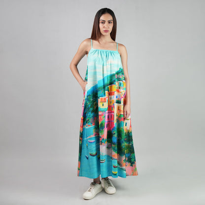 La Dolce Riviera Mediterranean Print Maxi Dress With Pockets - Multicolor
