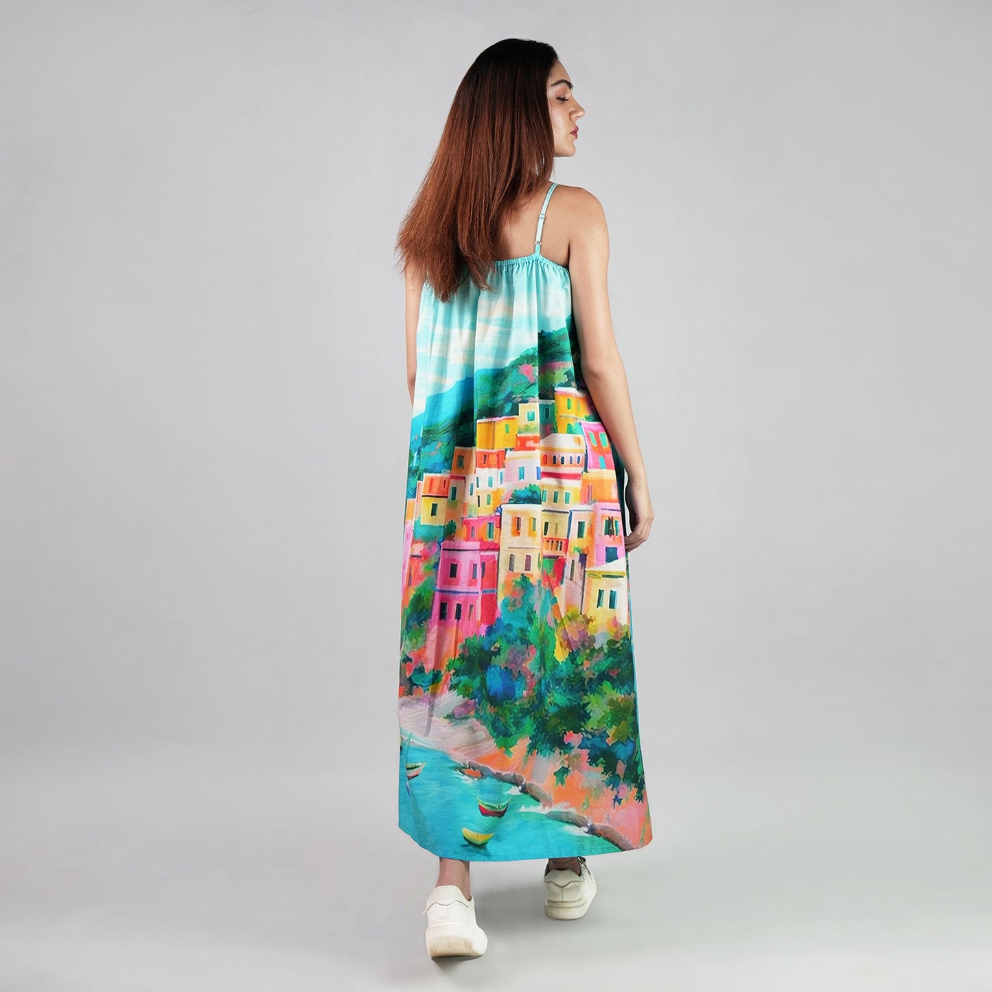 La Dolce Riviera Mediterranean Print Maxi Dress With Pockets - Multicolor