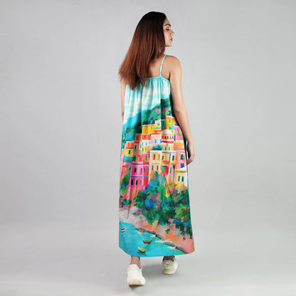 La Dolce Riviera Mediterranean Print Maxi Dress With Pockets - Multicolor