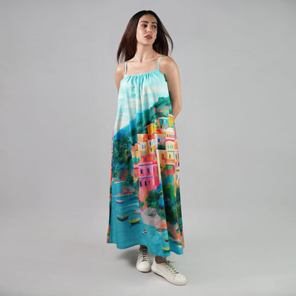 La Dolce Riviera Mediterranean Print Maxi Dress With Pockets - Multicolor