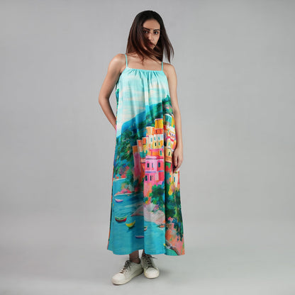 La Dolce Riviera Mediterranean Print Maxi Dress With Pockets - Multicolor