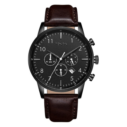 Trnda Men's Stainless Steel Black Watch, Brown Leather Band | Trn-43mm-Bl