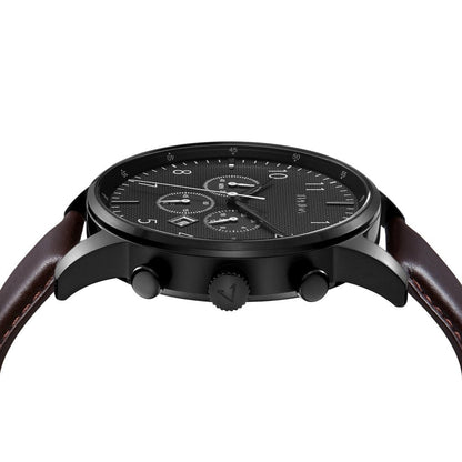 Trnda Men's Stainless Steel Black Watch, Brown Leather Band | Trn-43mm-Bl