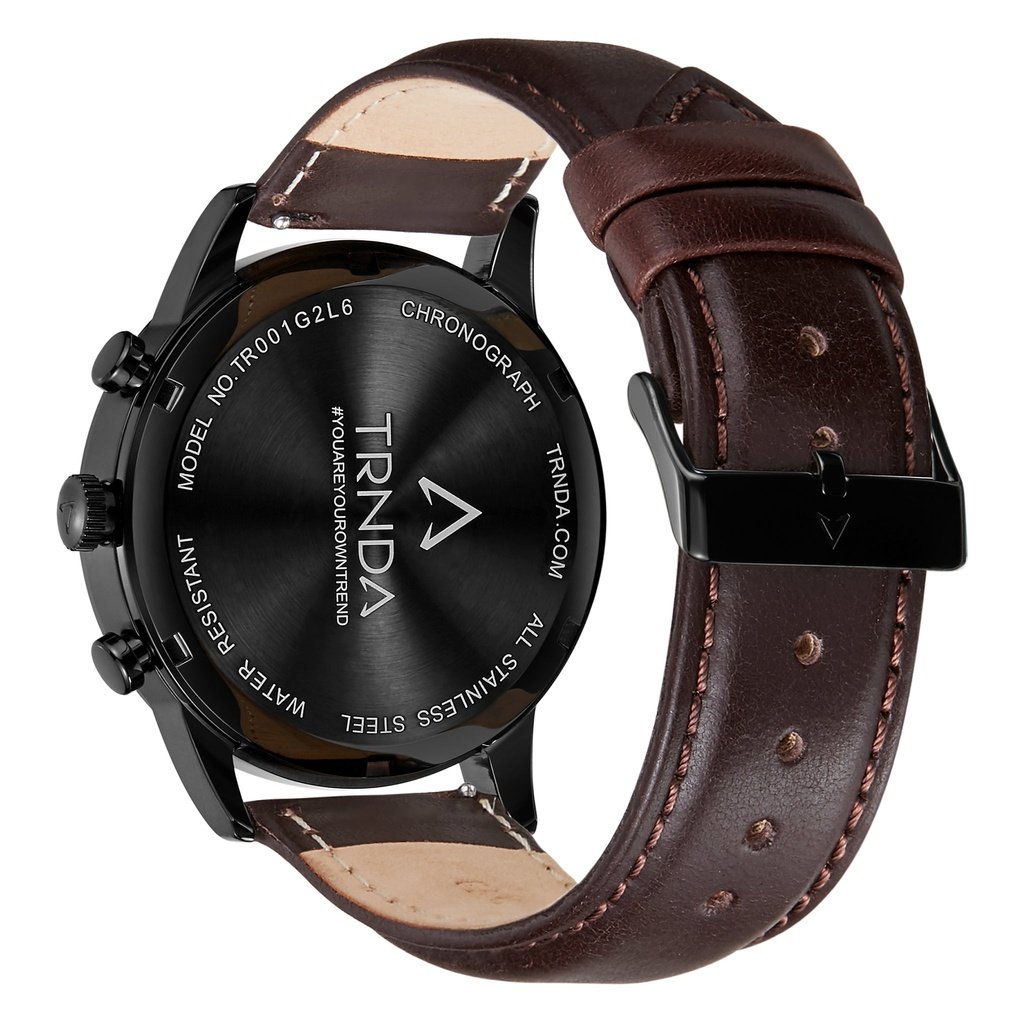Trnda Men's Stainless Steel Black Watch, Brown Leather Band | Trn-43mm-Bl