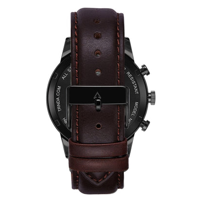 Trnda Men's Stainless Steel Black Watch, Brown Leather Band | Trn-43mm-Bl