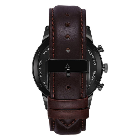 Trnda Men's Stainless Steel Black Watch, Brown Leather Band | Trn-43mm-Bl